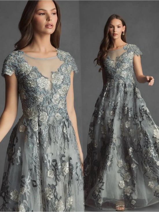 Mac Duggal Dresses & Skirts - Mac Duggal Steel Blue and Silver Floral Embroidered Maxi Gown